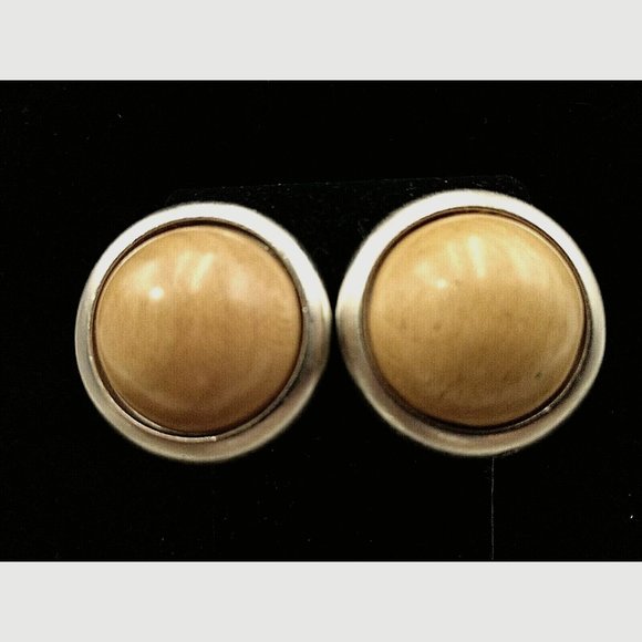 YSL YVES ST LAURENT BLONDE WOOD CLIPON BUTTON  EARRINGS VINTAGE 1990s SIGNED - Picture 1 of 9